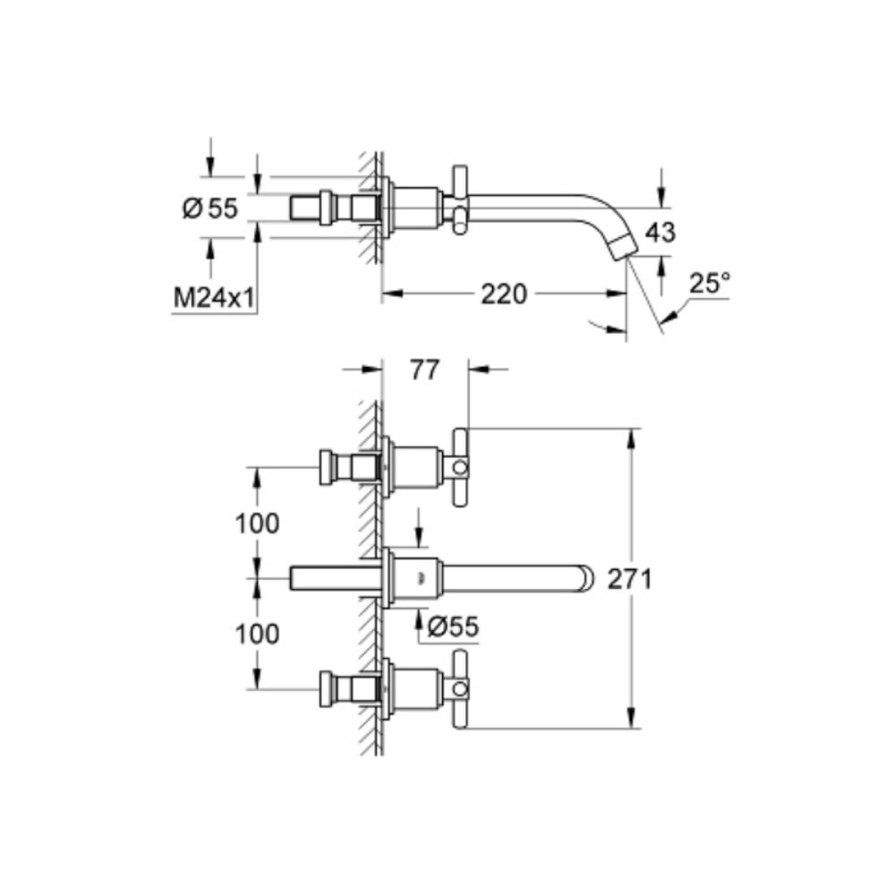 Bộ vòi trộn 3 lỗ bắt tường M-Size+ Atrio 20387000