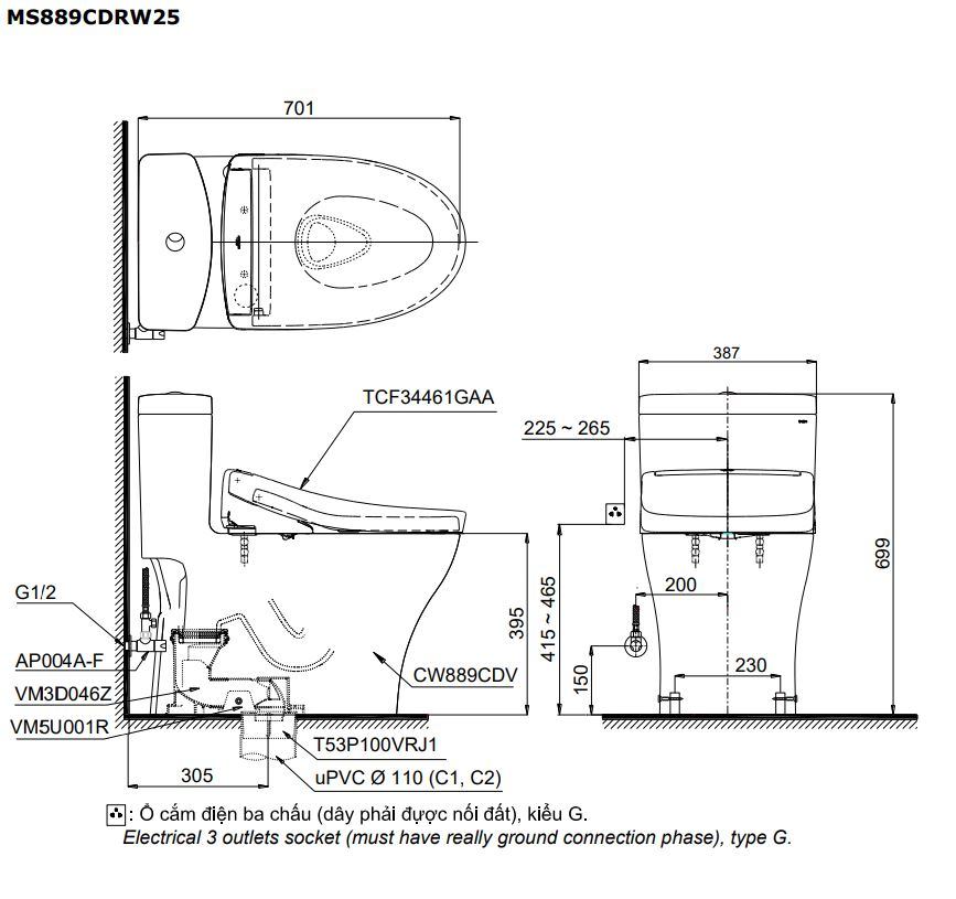 Bệt 1 khối TOTO MS889CDRW25#XW nắp TCF34461GAA